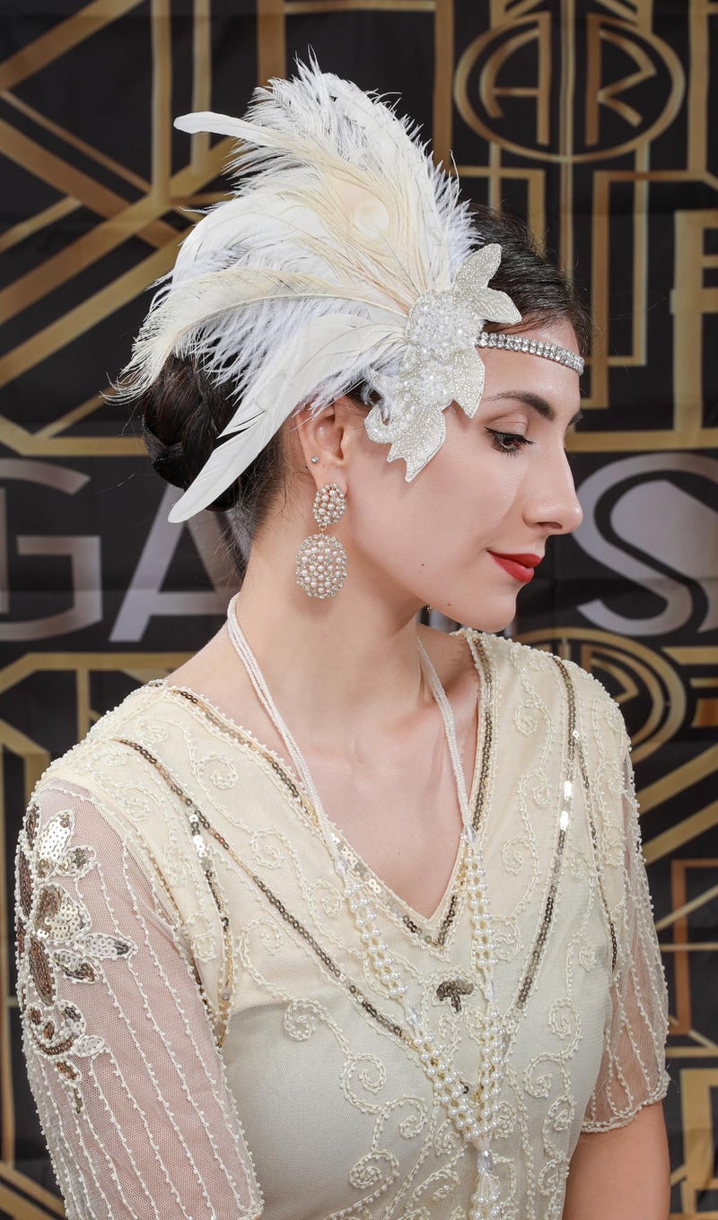 Cizoe 1920s Gatsby Accessories Set for Women Flapper Headband 20s Headpiece Necklace Gloves(od) - Image 2